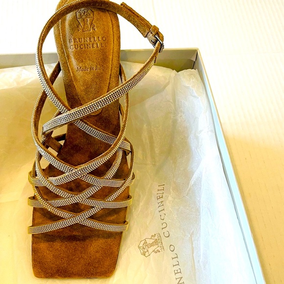 BRUNELLO CUCINELLI Monili Cage Slingback Sandal SUEDE Shoe 38 US 8 Gold NEW Box! - Picture 14 of 15